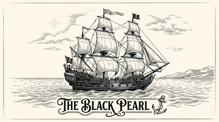 Vintage pirate ship illustration with The Black Pearl text, antique nautical sailing vessel on ocean waves, retro hand drawn maritime vector © Iconify Studio