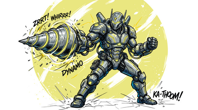 Cyberpunk robot warrior with drill arm, futuristic mecha soldier in comic book style, armored cyborg character vector illustration