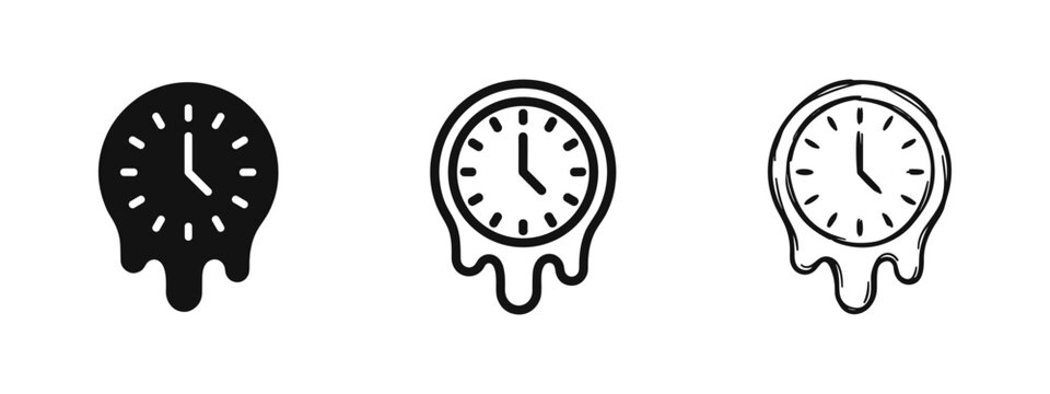 Melting Clock Icon Set - Dripping Time and Surreal Watch Symbols in Solid, Outline, and Hand-Drawn Styles