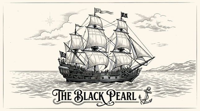 Vintage pirate ship illustration with The Black Pearl text, antique nautical sailing vessel on ocean waves, retro hand drawn maritime vector