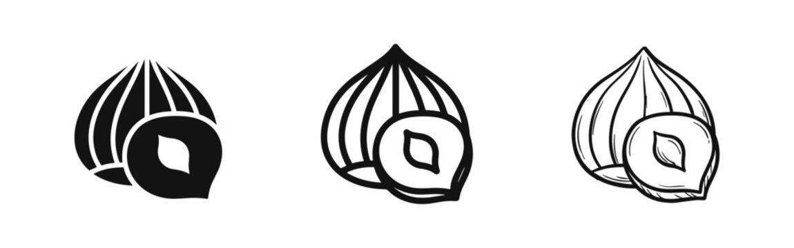 Hazelnut Icon Set - Solid, Outline, and Hand-Drawn Whole and Cut Nut Symbols