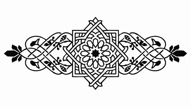 Islamic pattern, ornament, arabesque - Elegant Islamic Geometric Pattern Border with Floral Motifs, Intricate Black and White Design
