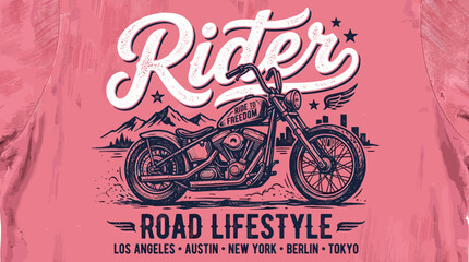 Vintage motorcycle rider t-shirt design, retro road lifestyle biker illustration, classic chopper motorbike vector on pink textured background © Iconify Studio