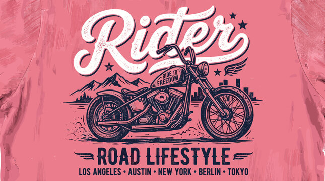 Vintage motorcycle rider t-shirt design, retro road lifestyle biker illustration, classic chopper motorbike vector on pink textured background