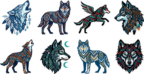 Ornate geometric wolf vector icon set with tribal patterns and bohemian ornaments featuring howling wolves dreamcatcher feathers and mandala details. © Md