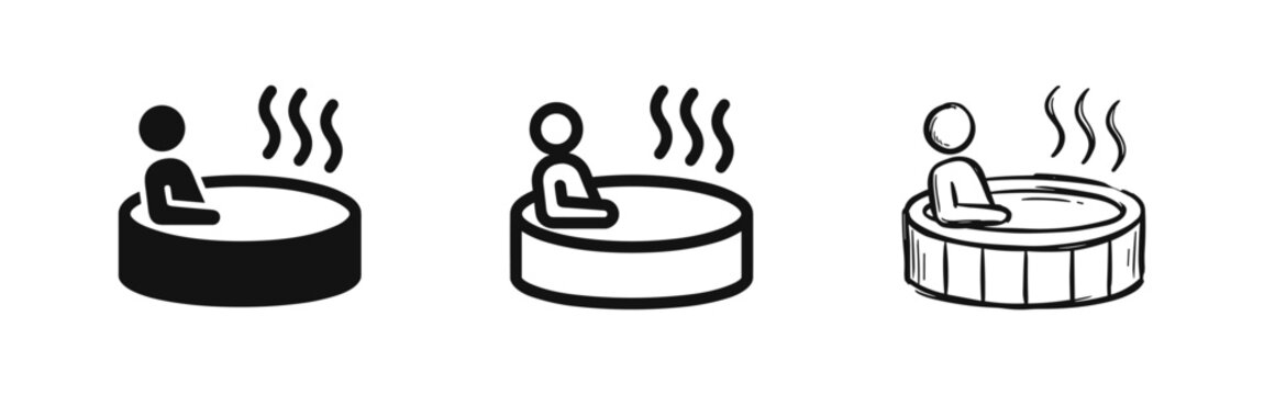 Hot Tub and Jacuzzi Spa Icon Set with Person and Steam in Solid, Outline, and Hand-Drawn Relaxation Styles