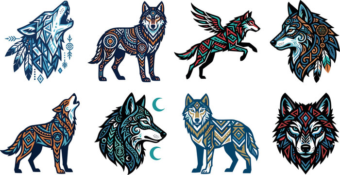 Ornate geometric wolf vector icon set with tribal patterns and bohemian ornaments featuring howling wolves dreamcatcher feathers and mandala details.