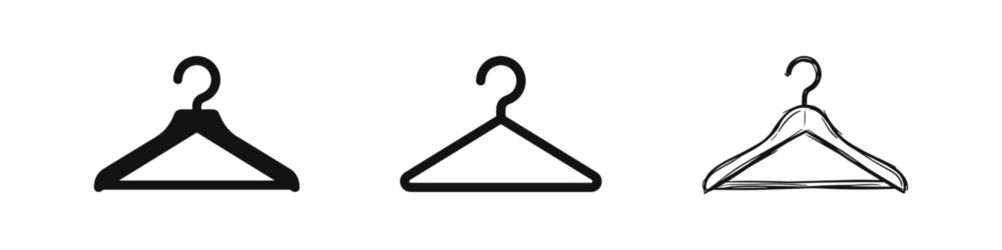 Clothes Hanger Icon Set for Wardrobe and Fashion in Solid, Outline, and Hand-Drawn Apparel Storage Styles