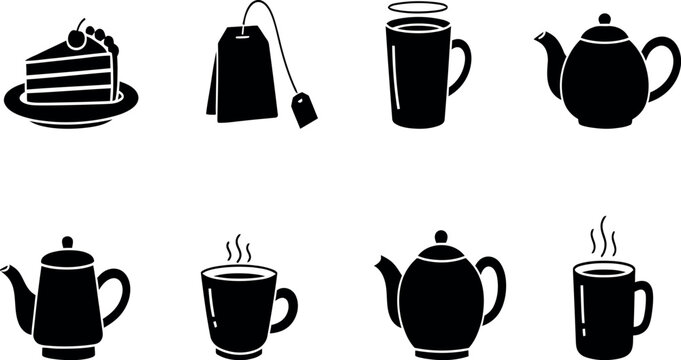 Black and white icons of tea and cake related items
