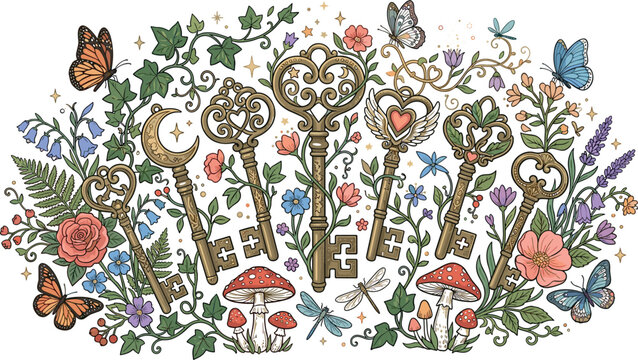 Ornate vintage keys vector illustration nestled in a magical secret garden arrangement with blooming flowers butterflies mushrooms ivy and fairytale elements.