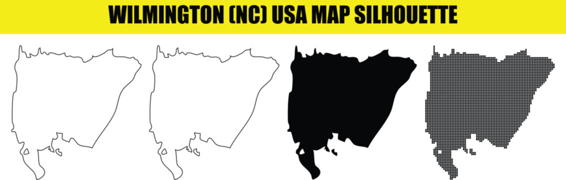 Wilmington nc usa map silhouette set, usa region outline, north carolina state, united states federal subject.