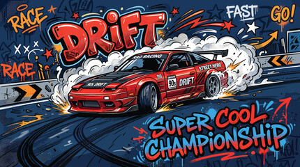 Graffiti drift racing car vector illustration, red sports car drifting with smoke on track, urban street art style championship poster © Iconify Studio