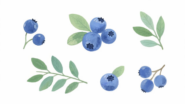 Watercolor pattern of blueberries and green leaves