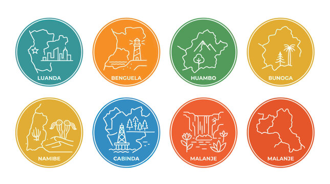 Angola Provinces Map Icons: Luanda, Benguela, Huambo, Cunene, Namibe, Cabinda, Malanje