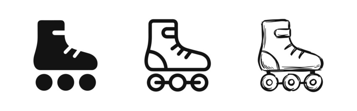 Roller Skate Icons: Classic Footwear for Recreation and Sport in Glyph, Outline, and Hand-Drawn Styles