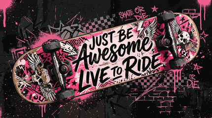 Grunge skateboard vector illustration with Just Be Awesome Live To Ride text, urban street art skate deck graphic, pink and black graffiti background © Iconify Studio