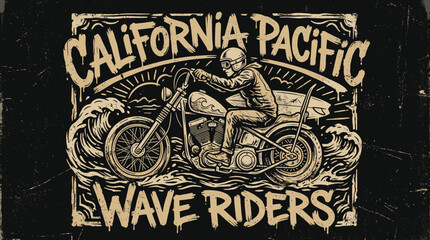 Vintage California Pacific Wave Riders motorcycle illustration, retro biker surfing aesthetic vector, distressed custom chopper t-shirt design © Iconify Studio
