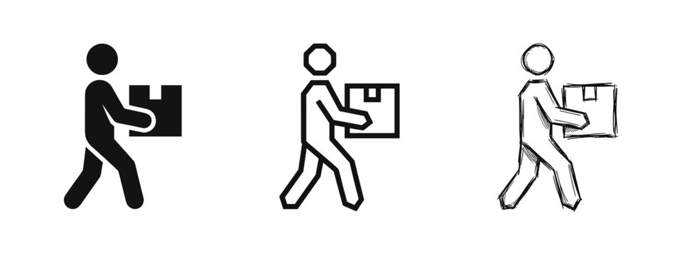 Delivery man carrying a box icon set in solid, outline, and hand-drawn styles, perfect for logistics and shipping designs.