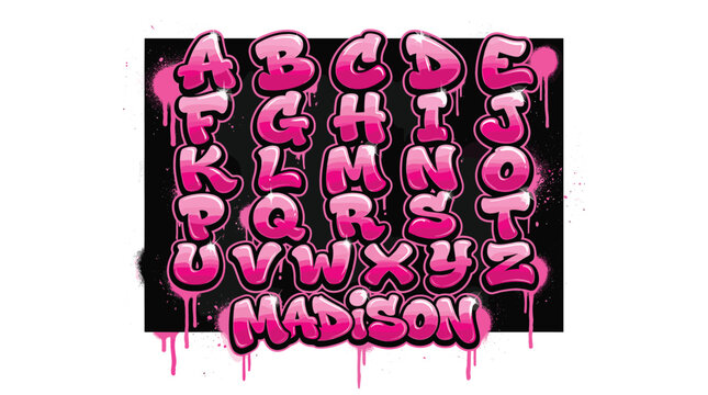 Graffiti bubble alphabet in pink spray paint style. Urban street art font set with drips. Vibrant pink bubble letters for creative graphic design.