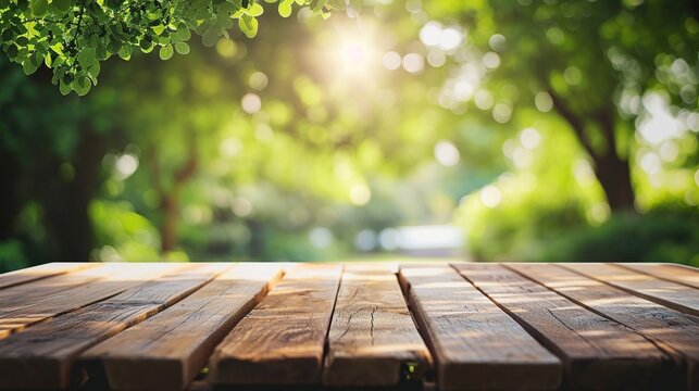 A Sunlit Outdoor Wooden Table in a Lush Green Park Bathed in Soft Bokeh Light