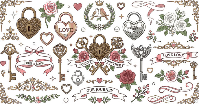 Ornate royal key vector icon set with golden vintage skeleton keys featuring luxury crowns shields coats of arms and embedded gemstones.