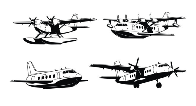 Four black and white illustrations of turboprop aircraft including seaplanes