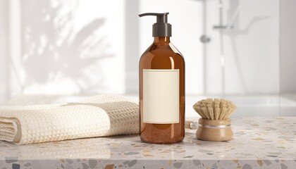 Obraz premium Elegant bathroom scene featuring a brown glass bottle, soft cotton towel, and a shaving brush on a stylish countertop in a modern interior space