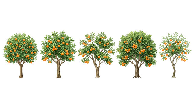 Progression of orange trees bearing fruit illustrating growth stages from young saplings to mature trees with abundant fruit