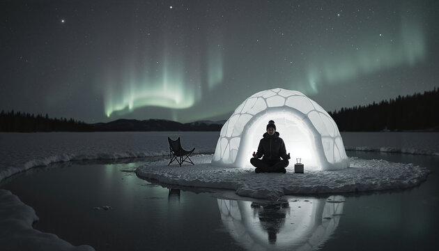 Person meditating inside igloo under northern lights at night  