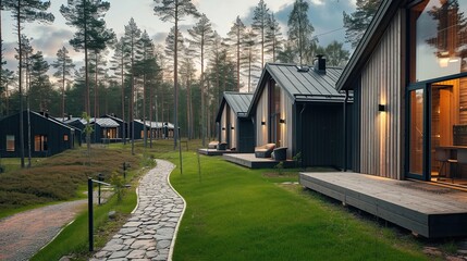Obraz premium A tranquil forest cabin retreat with modern dark wooden houses along a curved stone path