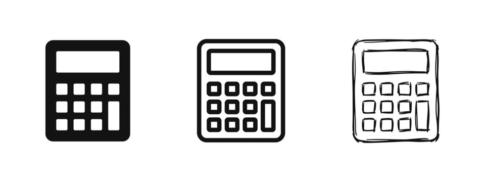 Calculator icon set. Accounting, finance, or mathematics device symbol in glyph, outline, and doodle style.