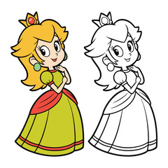 Fototapeta premium Cartoon Princess Outline and Colorful Version – Cute Fairy Tale Character Illustration for Kids Educational and Creative Coloring Projects