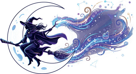 Mystical Witch Flying on Broomstick with Crescent Moon and Cosmic Magic Trail Vector Illustration for Halloween and Fantasy Tarot Card Designs © Md