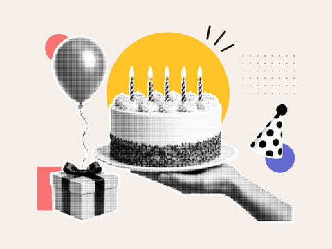 Birthday celebration collage with cake on hand, gift box, balloon and party hat. Modern halftone illustration with colorful geometric shapes for festive greeting and anniversary design.