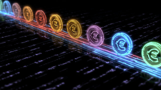 Diagonal row of neon wireframe Euro coins standing on glossy surface with glowing parallel light trails