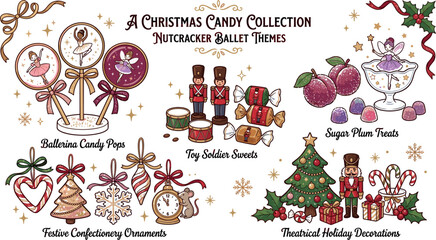 Christmas candy collection vector set with Nutcracker ballet themes featuring ballerina candy pops sugar plum treats toy soldier sweets and festive holiday confectionery ornaments. © Md