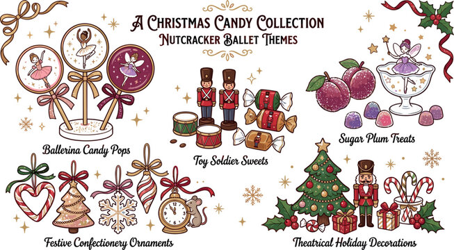 Christmas candy collection vector set with Nutcracker ballet themes featuring ballerina candy pops sugar plum treats toy soldier sweets and festive holiday confectionery ornaments.