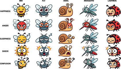 Cute cartoon bug emotion icon set featuring bee fly snail mosquito and ladybug characters showing happiness anger sleepiness shock and confusion feelings. © Md
