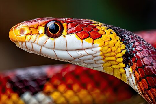 Intensely Colorful Head of a Toxic Coral Snake Exhibiting Striking Red, Yellow, and Black Patterns