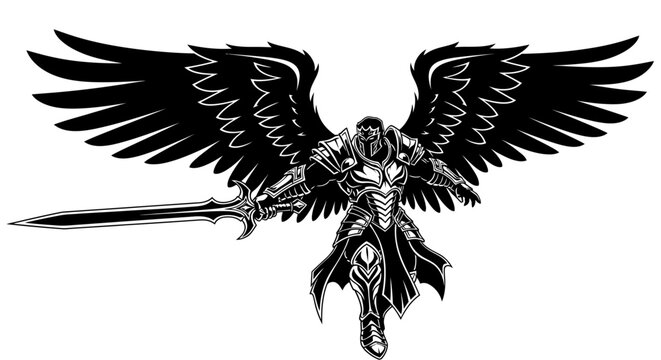 Angel warrior with sword and wings.