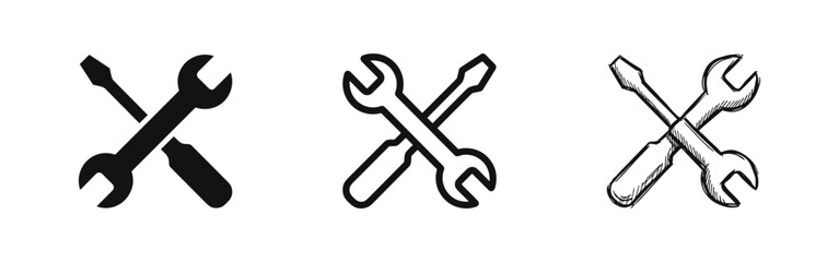 Naklejka na ściany i meble Crossed wrench and screwdriver repair tools icon set in solid, outline and sketch styles