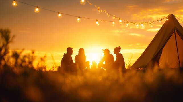 Evening adventure gathering with friends at a camping tent during sunset for memorable moments