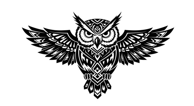 Detailed owl with spread wings design.