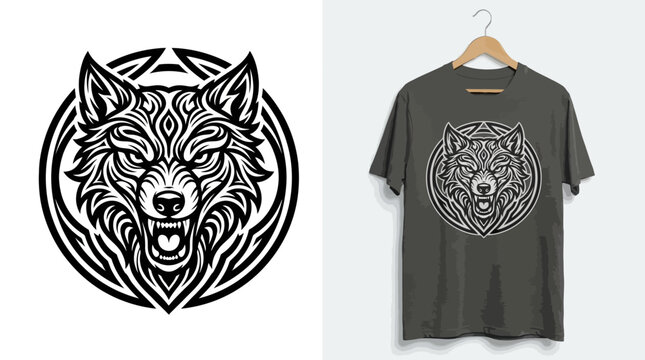 Wolf face design on t shirt.
