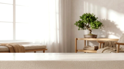 Fototapeta premium Stone table top in bright living room background with bonsai for minimalist home product display mockup and web banner.