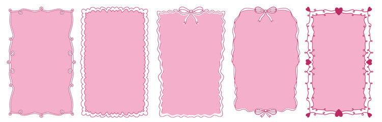 Vintage hand drawn pink frame collection with borders, bows, and hearts. Whimsical pink border set for invitations and greeting cards © Wahib
