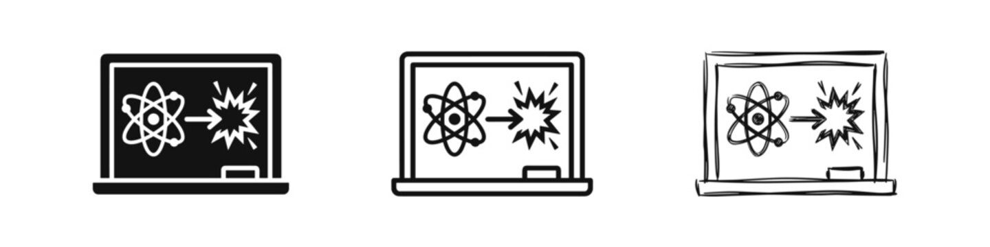 Nuclear Physics Icon Set with Atom Fission on Blackboard