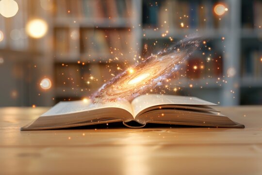 A classic old book open, with a complex holographic galaxy emerging from the pages, soft warm library lighting, magic and technology mix, 8k