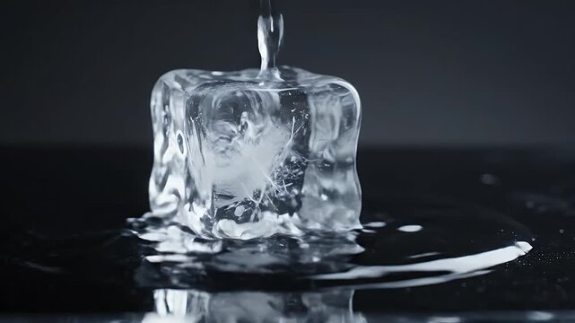 Ice Cube Melting on Reflective Surface - A single, transparent ice cube is shown melting under a stream of water on a dark, highly reflective surface.