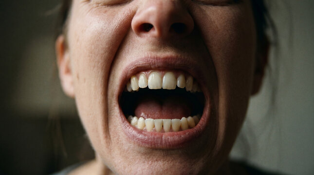Extreme close-up of a woman screaming with eyes tightly closed, face contorted in intense pain, rage, or emotional breakdown